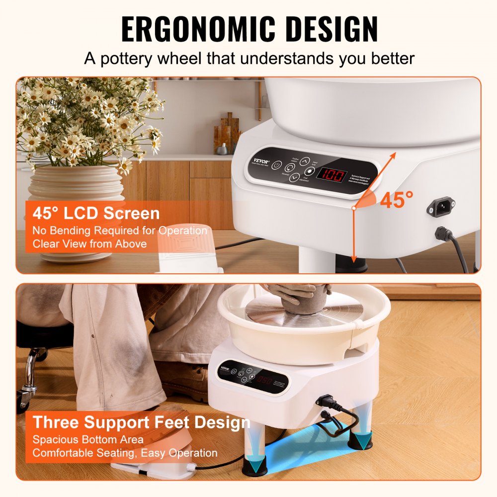 VEVOR Pottery Wheel, 11 inch Pottery Forming Machine, 450W Electric Wheel for Pottery with Foot Pedal and LCD Touch Screen, Direct Drive Ceramic Wheel with 3 Support Legs for DIY Art Craft, White