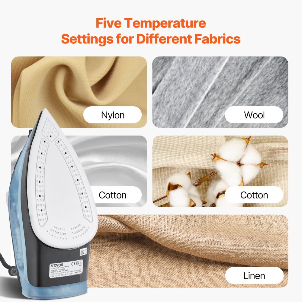 VEVOR Steam Iron, 1700W Iron for Clothes, Aluminum Alloy + PTFE Soleplate, Auto Shut-Off, Self-Cleaning, Four Temperature Settings, Quick Heating, Anti-Drip, Clothing Iron for Home Ironing Clothes