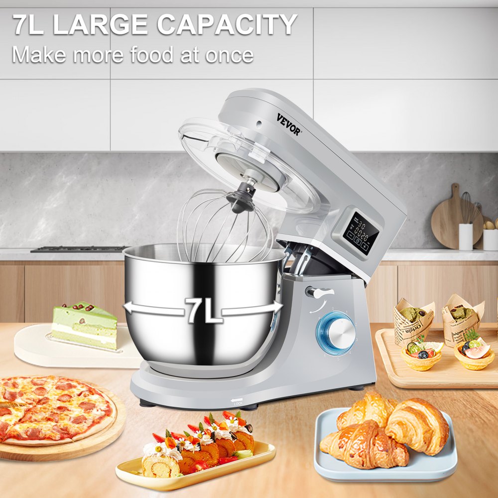 VEVOR Stand Mixer, 660W Electric Dough Mixer with 6 Speeds LCD Screen Timing, Tilt-Head Food Mixer with 7.4 Qt Stainless Steel Bowl, Dough Hook, Flat Beater, Whisk, Scraper, Splash-Proof Cover - Gray