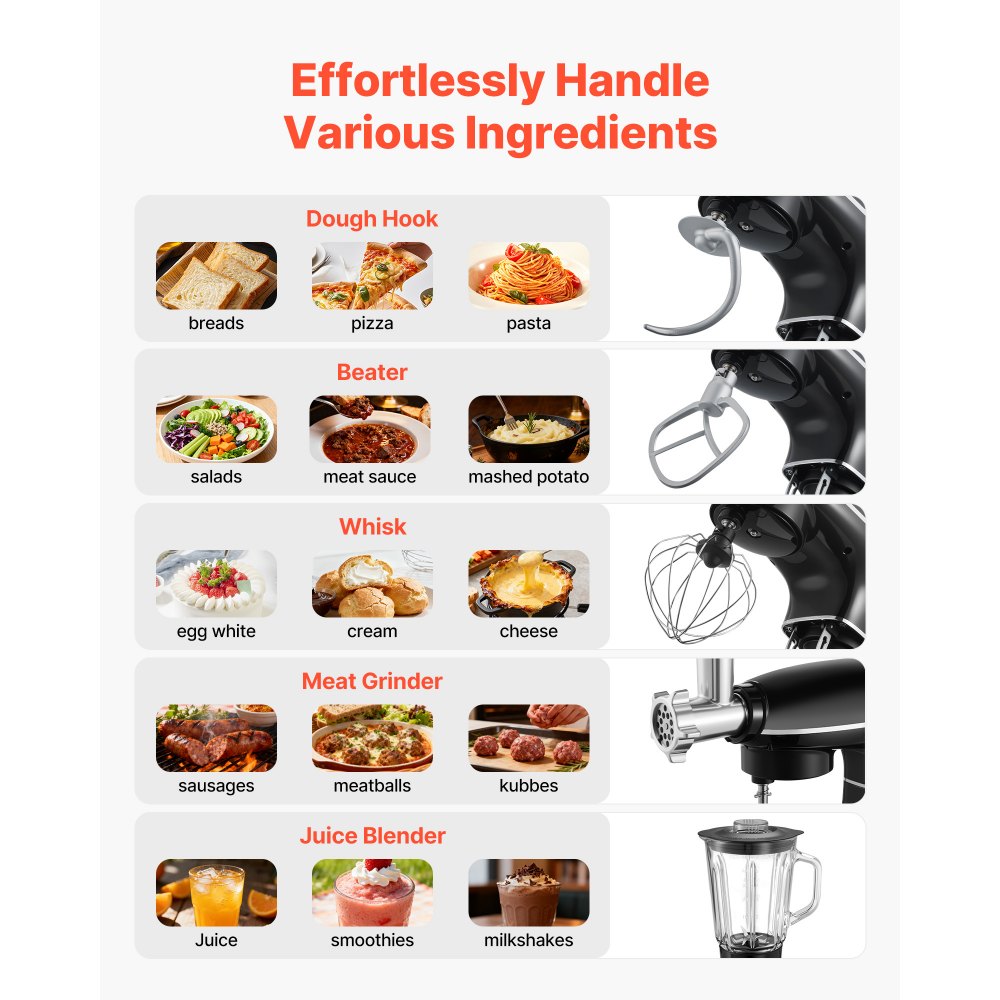 VEVOR 3-in-1 Multifunctional Stand Mixer, 6QT Stainless Steel Bowl, 660W 6+P Speeds Tilt-head Food Mixer with Dough Hook, Wire Whip, Flat Beater, Meat Grinder, Juice Blender, for Baking Mixing, Black
