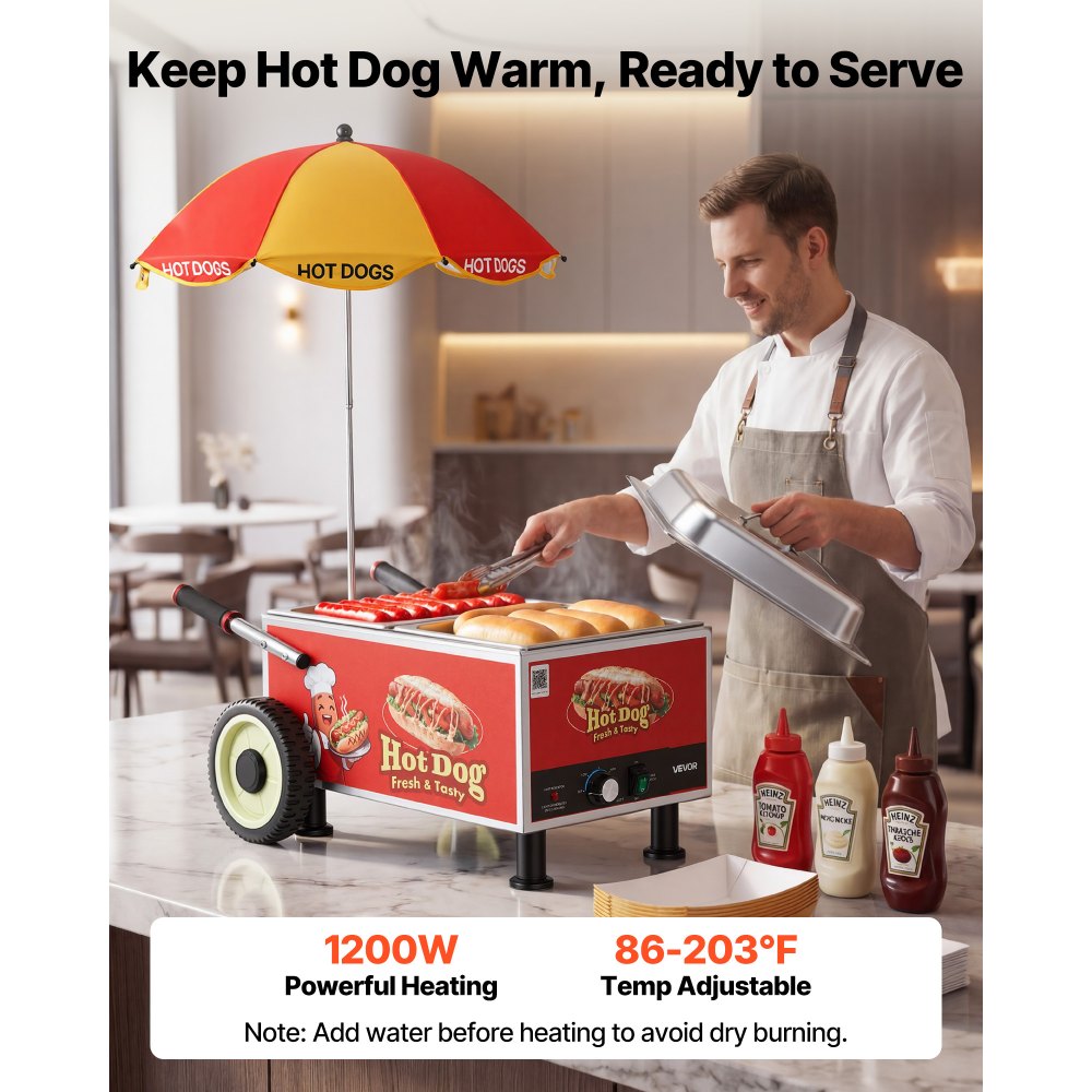 VEVOR Hot Dog Steamer Cart, 1200W Electric Stainless Steel Hot Dog Steam Machine, 86-203°F Temp Adjustable, Portable Cart with Eye-Catching Umbrella & Wheels, for Bakeries, Food Stands, Parties