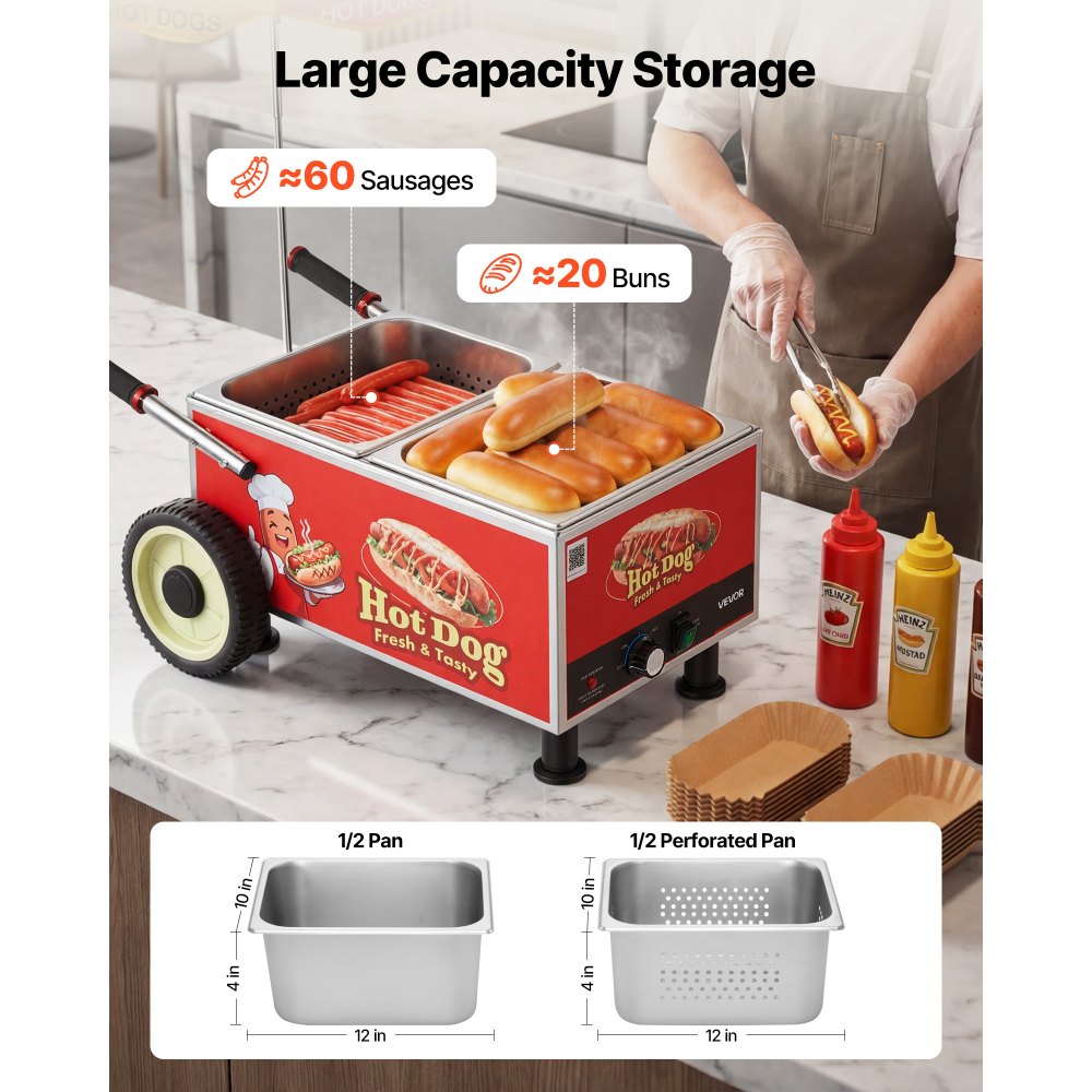 VEVOR Hot Dog Steamer Cart, 1200W Electric Stainless Steel Hot Dog Steam Machine, 86-203°F Temp Adjustable, Portable Cart with Eye-Catching Umbrella & Wheels, for Bakeries, Food Stands, Parties