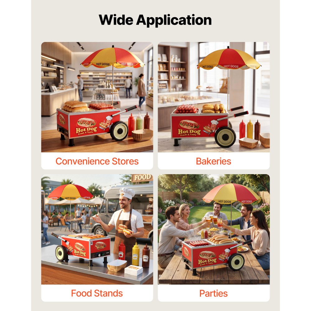 VEVOR Hot Dog Steamer Cart, 1200W Electric Stainless Steel Hot Dog Steam Machine, 86-203°F Temp Adjustable, Portable Cart with Eye-Catching Umbrella & Wheels, for Bakeries, Food Stands, Parties
