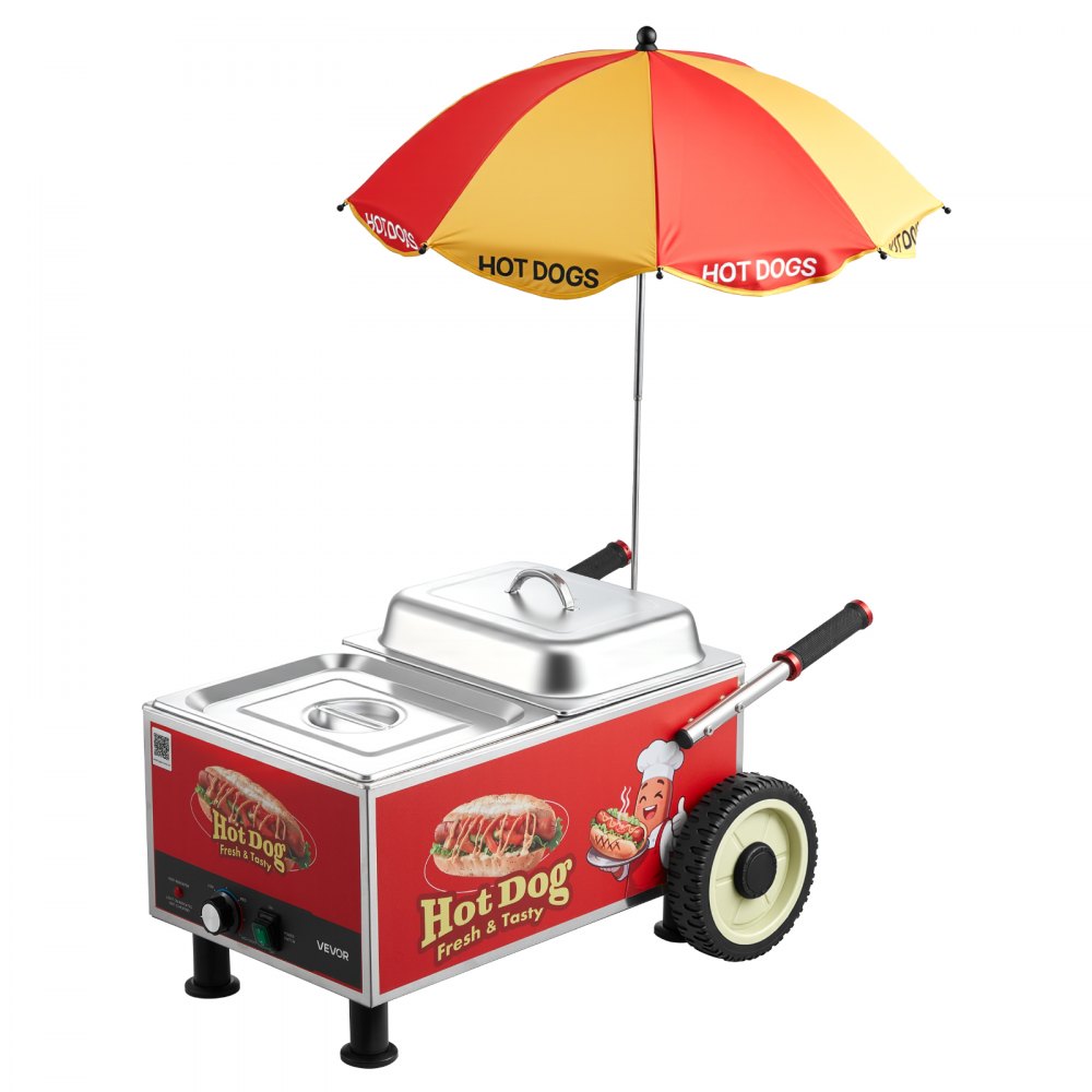 VEVOR Hot Dog Steamer Cart, 1200W Electric Stainless Steel Hot Dog Steam Machine, 86-203°F Temp Adjustable, Portable Cart with Eye-Catching Umbrella & Wheels, for Bakeries, Food Stands, Parties
