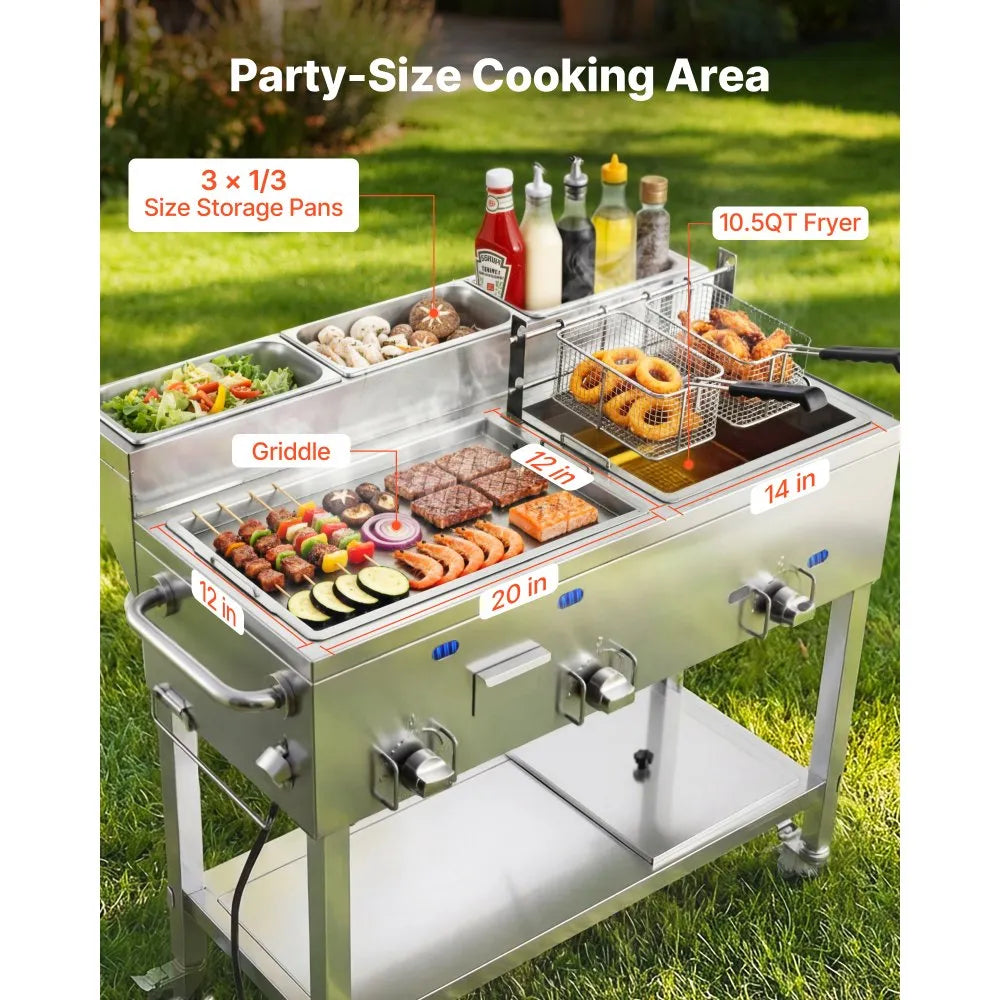 VEVOR Outdoor Propane Fryer & Griddle Combo, 3 Burners (11,600 BTU Each), Commercial Stainless Steel Frying Cart with Wheels, 2 Fryer Baskets & 3 Food Pans, for Hot Dogs, Fried Chicken, Fries, Meats