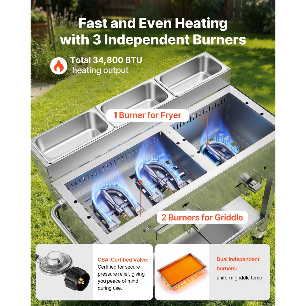 VEVOR Outdoor Propane Fryer & Griddle Combo, 3 Burners (11,600 BTU Each), Commercial Stainless Steel Frying Cart with Wheels, 2 Fryer Baskets & 3 Food Pans, for Hot Dogs, Fried Chicken, Fries, Meats
