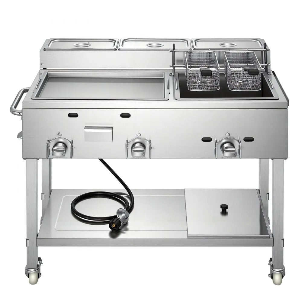 VEVOR Outdoor Propane Fryer & Griddle Combo, 3 Burners (11,600 BTU Each), Commercial Stainless Steel Frying Cart with Wheels, 2 Fryer Baskets & 3 Food Pans, for Hot Dogs, Fried Chicken, Fries, Meats