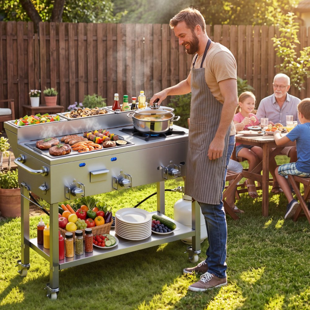 VEVOR Outdoor Propane Griddle, 3 Burners (11,600 BTU Each), Commercial Stainless Steel Griddle with Three 1/3 Size Food Pans, Portable Cart with Wheels & Gas Stove, for Hot Dogs, Burgers & Meats