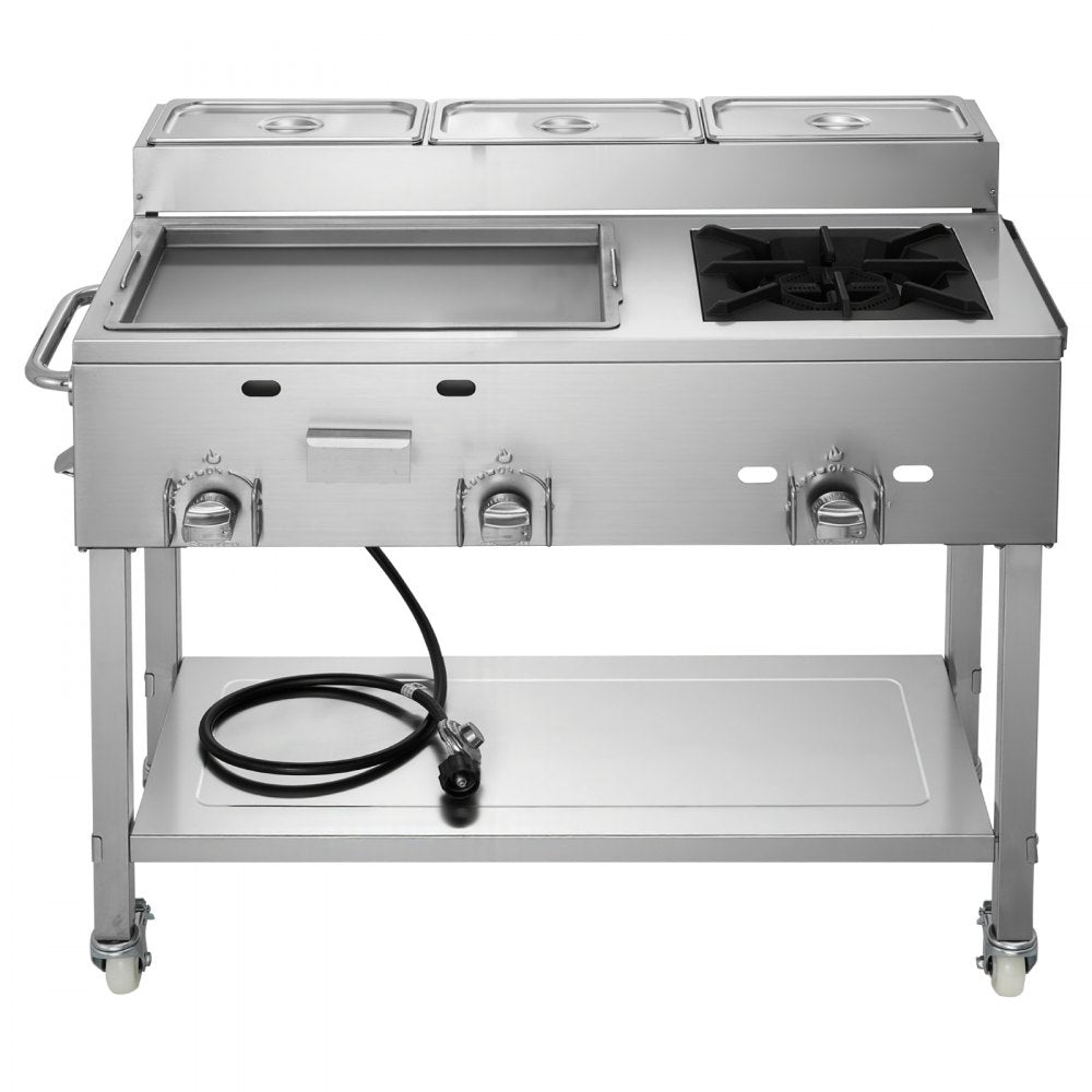 VEVOR Outdoor Propane Griddle, 3 Burners (11,600 BTU Each), Commercial Stainless Steel Griddle with Three 1/3 Size Food Pans, Portable Cart with Wheels & Gas Stove, for Hot Dogs, Burgers & Meats