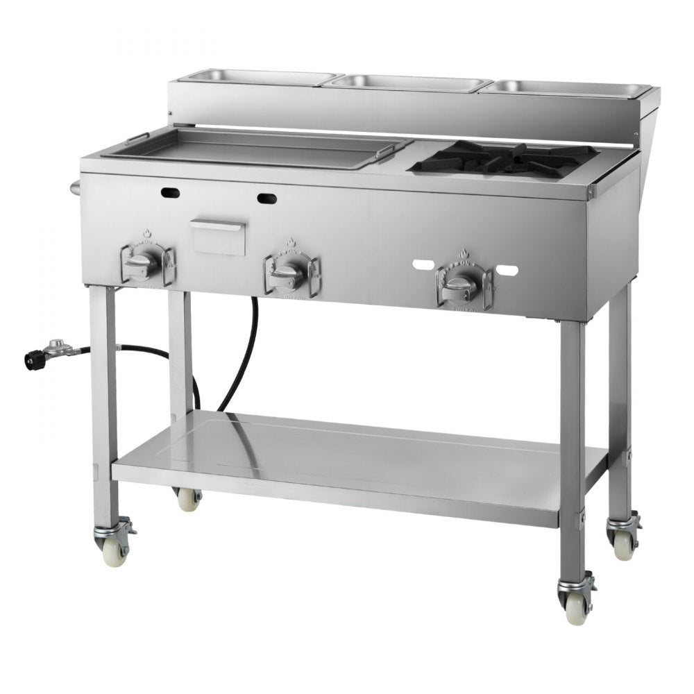 VEVOR Outdoor Propane Griddle, 3 Burners (11,600 BTU Each), Commercial Stainless Steel Griddle with Three 1/3 Size Food Pans, Portable Cart with Wheels & Gas Stove, for Hot Dogs, Burgers & Meats