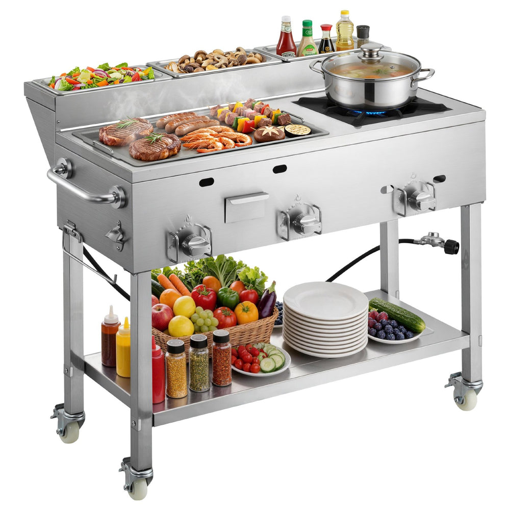 VEVOR Outdoor Propane Griddle, 3 Burners (11,600 BTU Each), Commercial Stainless Steel Griddle with Three 1/3 Size Food Pans, Portable Cart with Wheels & Gas Stove, for Hot Dogs, Burgers & Meats