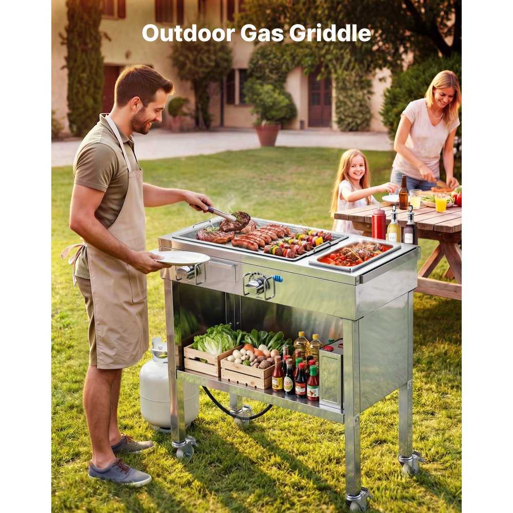 VEVOR Outdoor Propane Griddle, 2 Burners (11,600 BTU Each), Commercial Stainless Steel Gas Griddle Cart with 4 Lockable Wheels, 1/3 Food Pan, Easy-Grip Side Handle, Ideal for Hot Dogs, Burgers & Meats