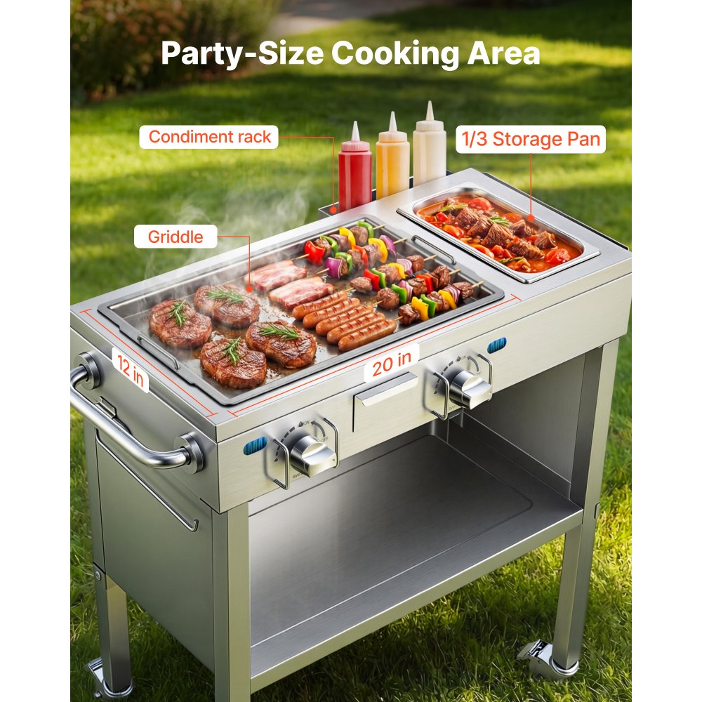 VEVOR Outdoor Propane Griddle, 2 Burners (11,600 BTU Each), Commercial Stainless Steel Gas Griddle Cart with 4 Lockable Wheels, 1/3 Food Pan, Easy-Grip Side Handle, Ideal for Hot Dogs, Burgers & Meats
