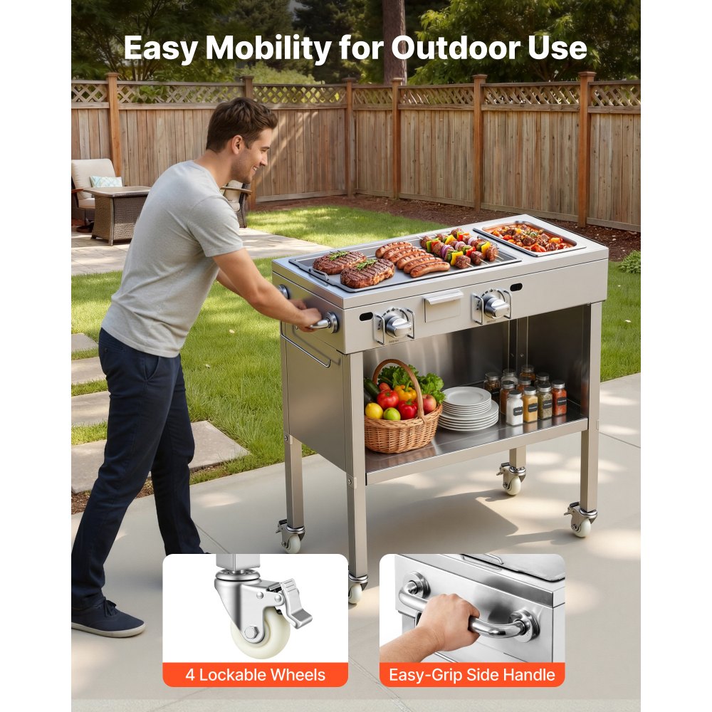 VEVOR Outdoor Propane Griddle, 2 Burners (11,600 BTU Each), Commercial Stainless Steel Gas Griddle Cart with 4 Lockable Wheels, 1/3 Food Pan, Easy-Grip Side Handle, Ideal for Hot Dogs, Burgers & Meats