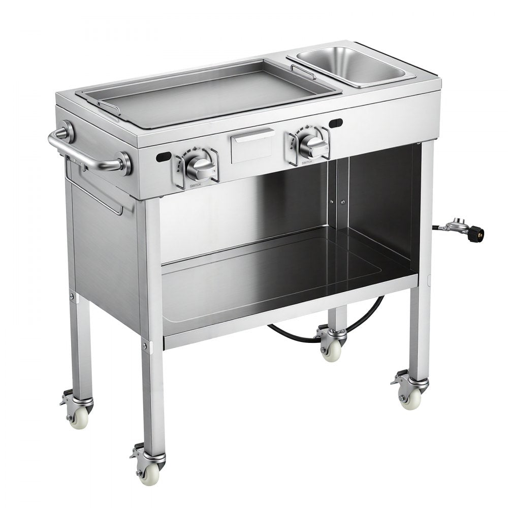 VEVOR Outdoor Propane Griddle, 2 Burners (11,600 BTU Each), Commercial Stainless Steel Gas Griddle Cart with 4 Lockable Wheels, 1/3 Food Pan, Easy-Grip Side Handle, Ideal for Hot Dogs, Burgers & Meats