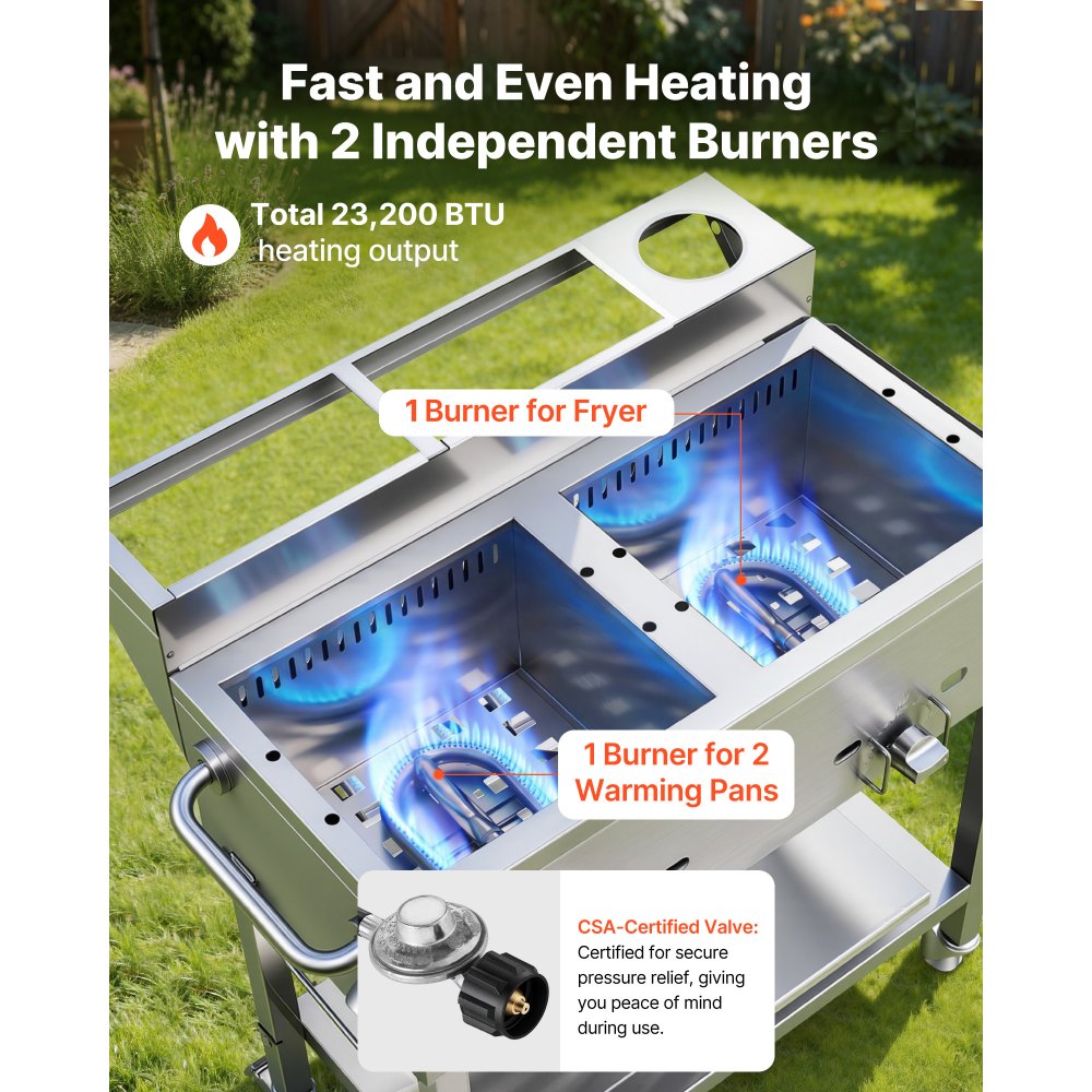 VEVOR Outdoor Propane Deep Fryer, 2 Burners (11,600 BTU Each), Commercial Fryer with Two 1/3 Size Food Warming Pans, Multi-Purpose Frying Cart with 4 Lockable Wheels, for Fried Chicken & Fries