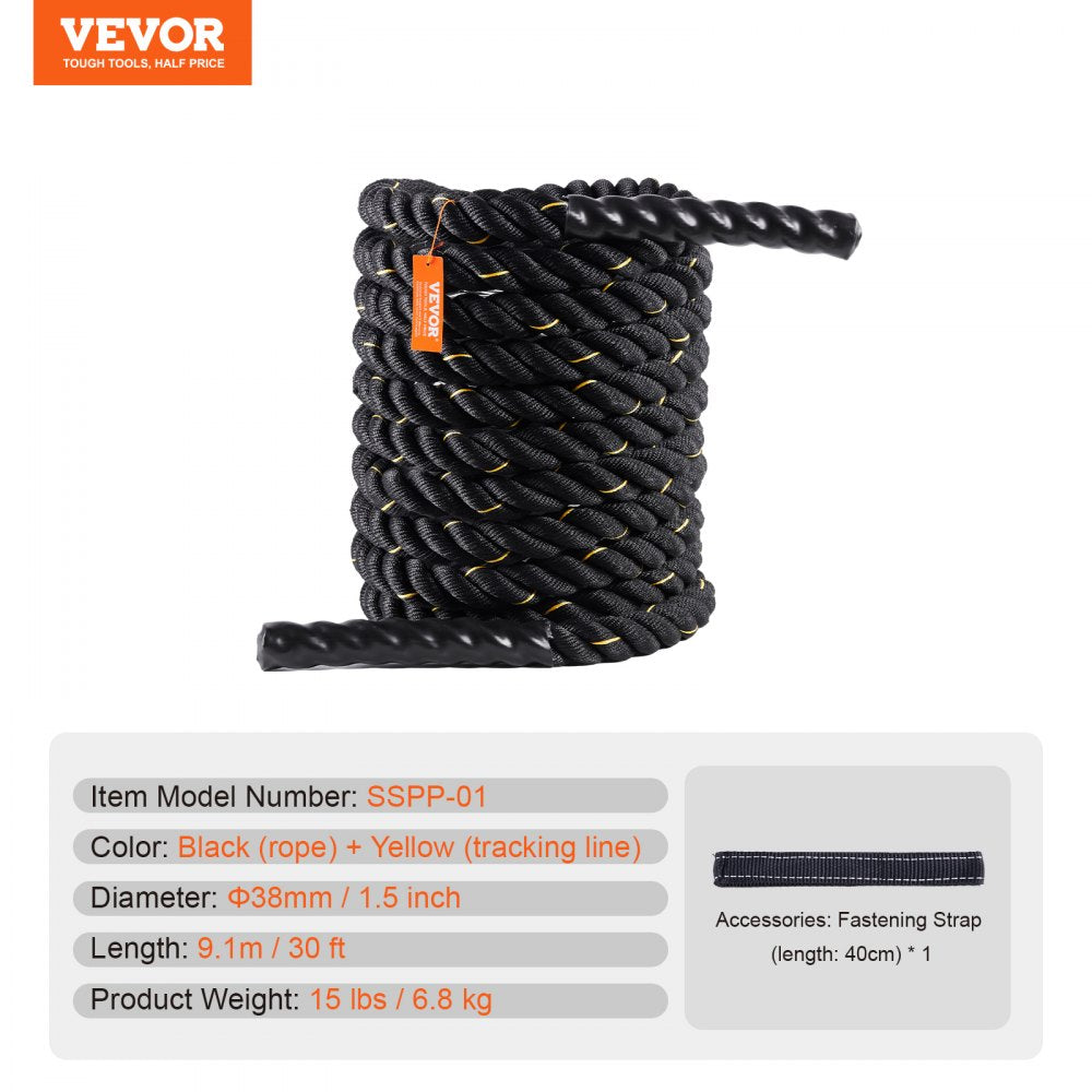 VEVOR Battle Rope, 1.5 Inch Diameter 30Ft Length Polyester Exercise Rope, Battle Exercise Equipment, Heavy Weighted Rope for Home Gym Body Workout Core Strength Training Muscle Building Fitness