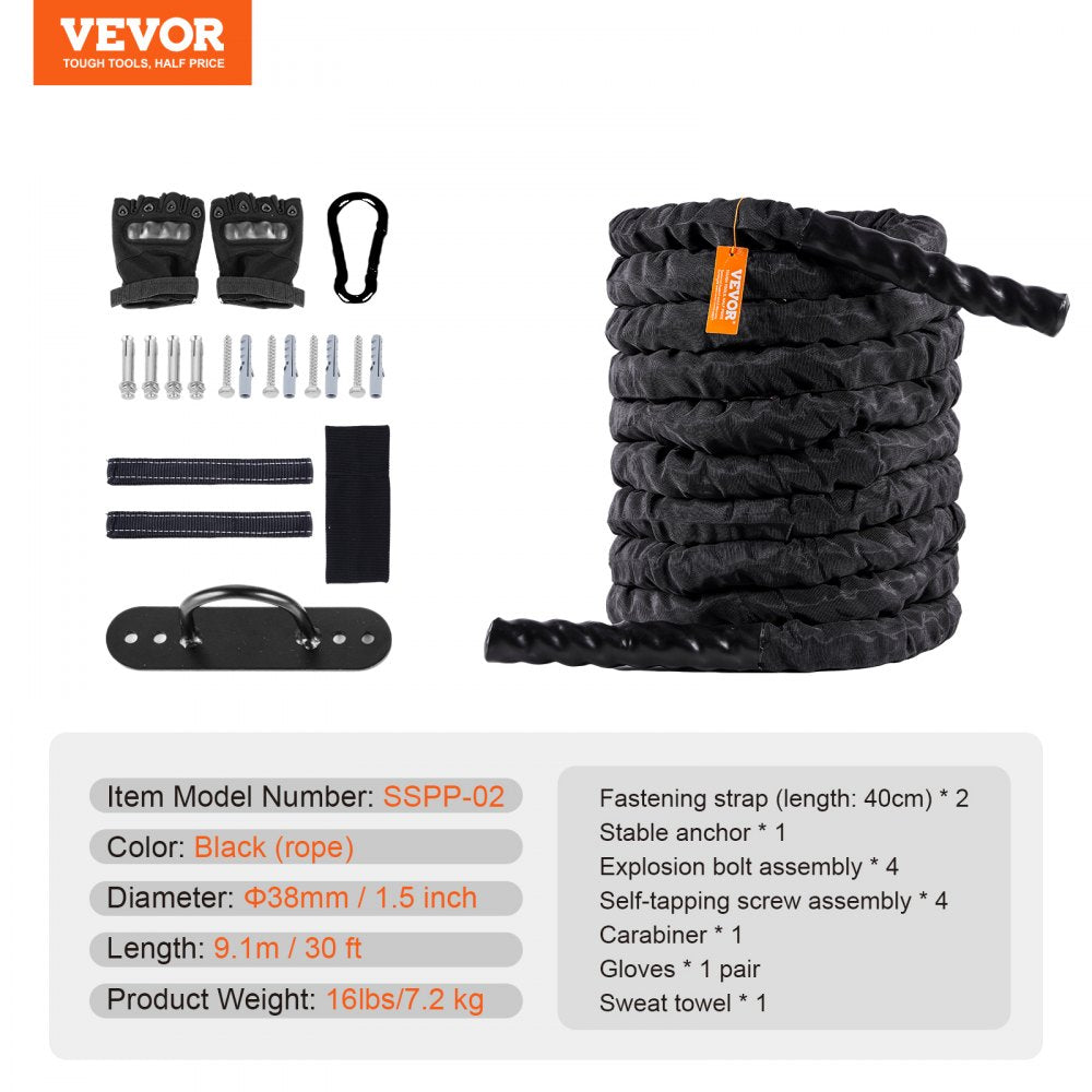 VEVOR Battle Rope, 1.5 Inch Diameter 30Ft Length Polyester Exercise Rope, Battle Exercise Equipment with Protective Sleeve & Anchor, Heavy Weighted Rope for Home Gym Workout Core Strength Training