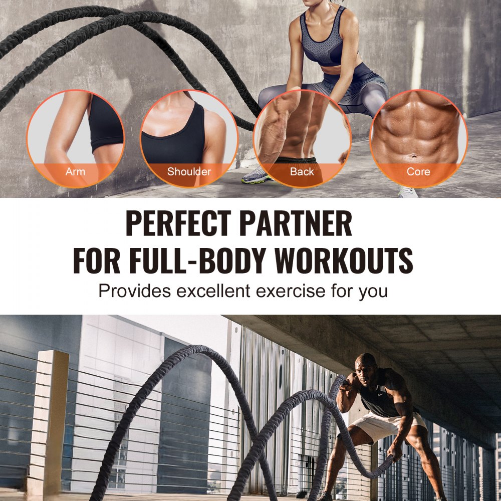 VEVOR Battle Rope, 1.5 Inch Diameter 40Ft Length Polyester Exercise Rope, Battle Exercise Equipment with Protective Sleeve & Anchor, Heavy Weighted Rope for Home Gym Workout Core Strength Training
