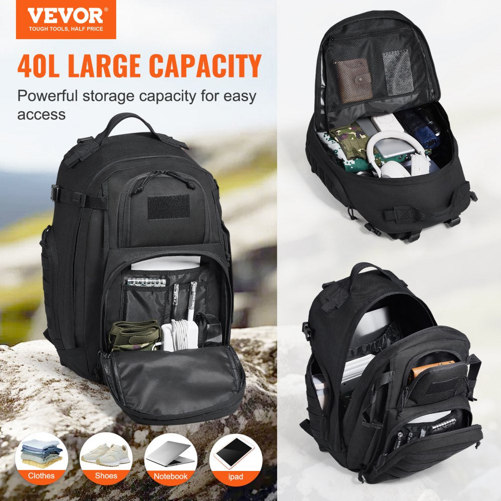 Tactical Backpack, 40L Military Tactical Backpack with Molle Design & Sponge Pad, Army Assault Pack Bag for Men and Women, Range Gear Backpack for Outdoor Adventure, Hiking, Hunting, Black