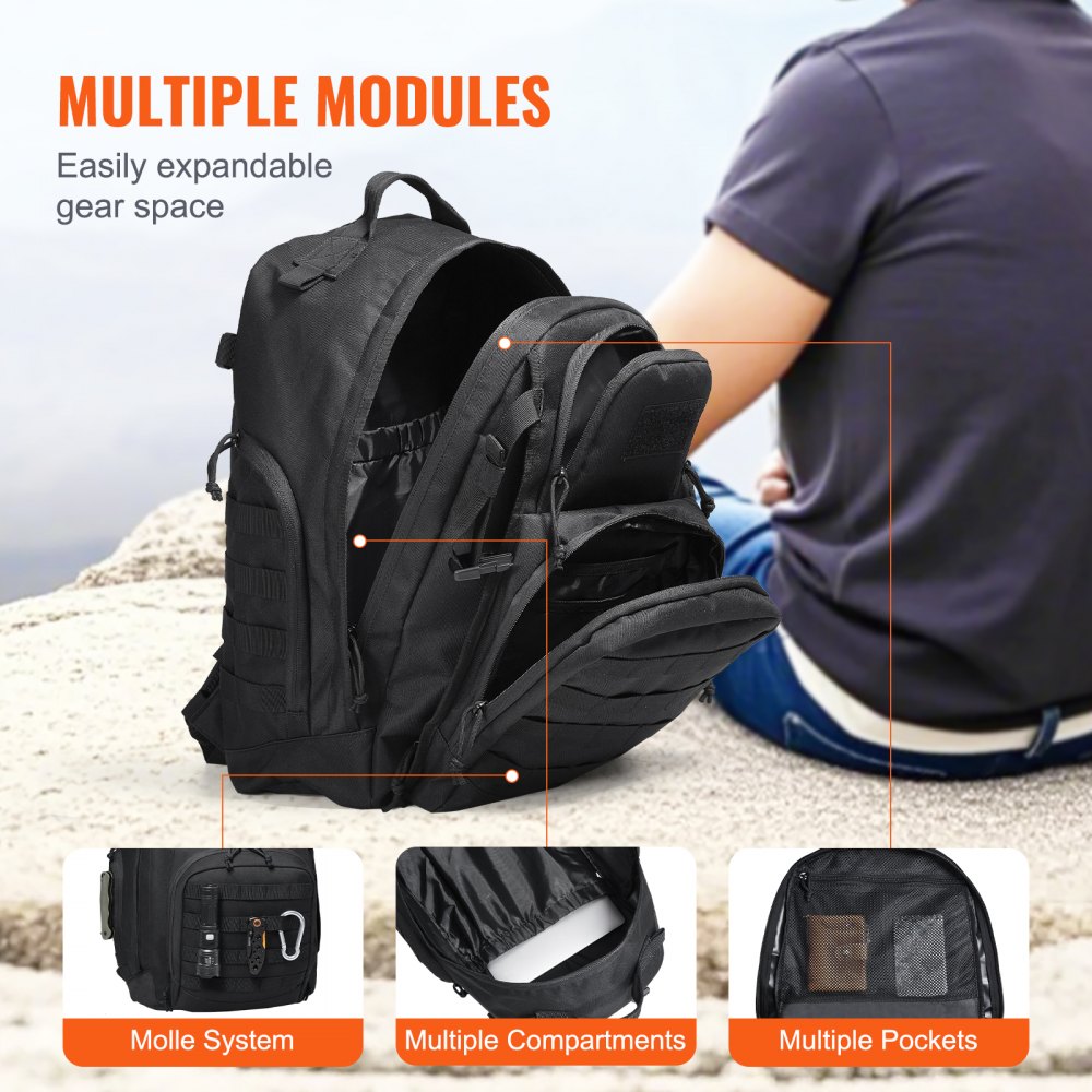 Tactical Backpack, 40L Military Tactical Backpack with Molle Design & Sponge Pad, Army Assault Pack Bag for Men and Women, Range Gear Backpack for Outdoor Adventure, Hiking, Hunting, Black