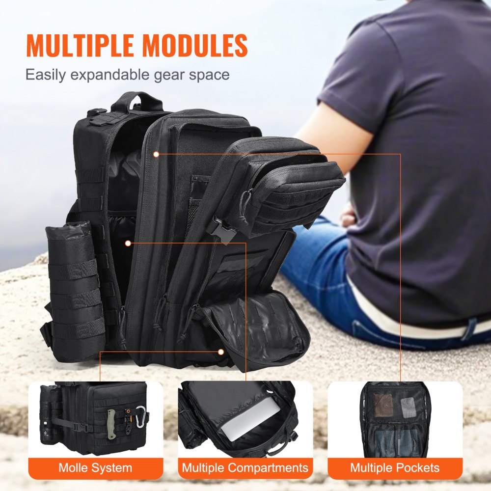 Tactical Backpack, 45L Military Tactical Backpack with Molle Design & 3 Compartments, Army Assault Pack Bag for Men and Women, Range Gear Backpack for Outdoor Adventure, Hiking, Hunting, Black