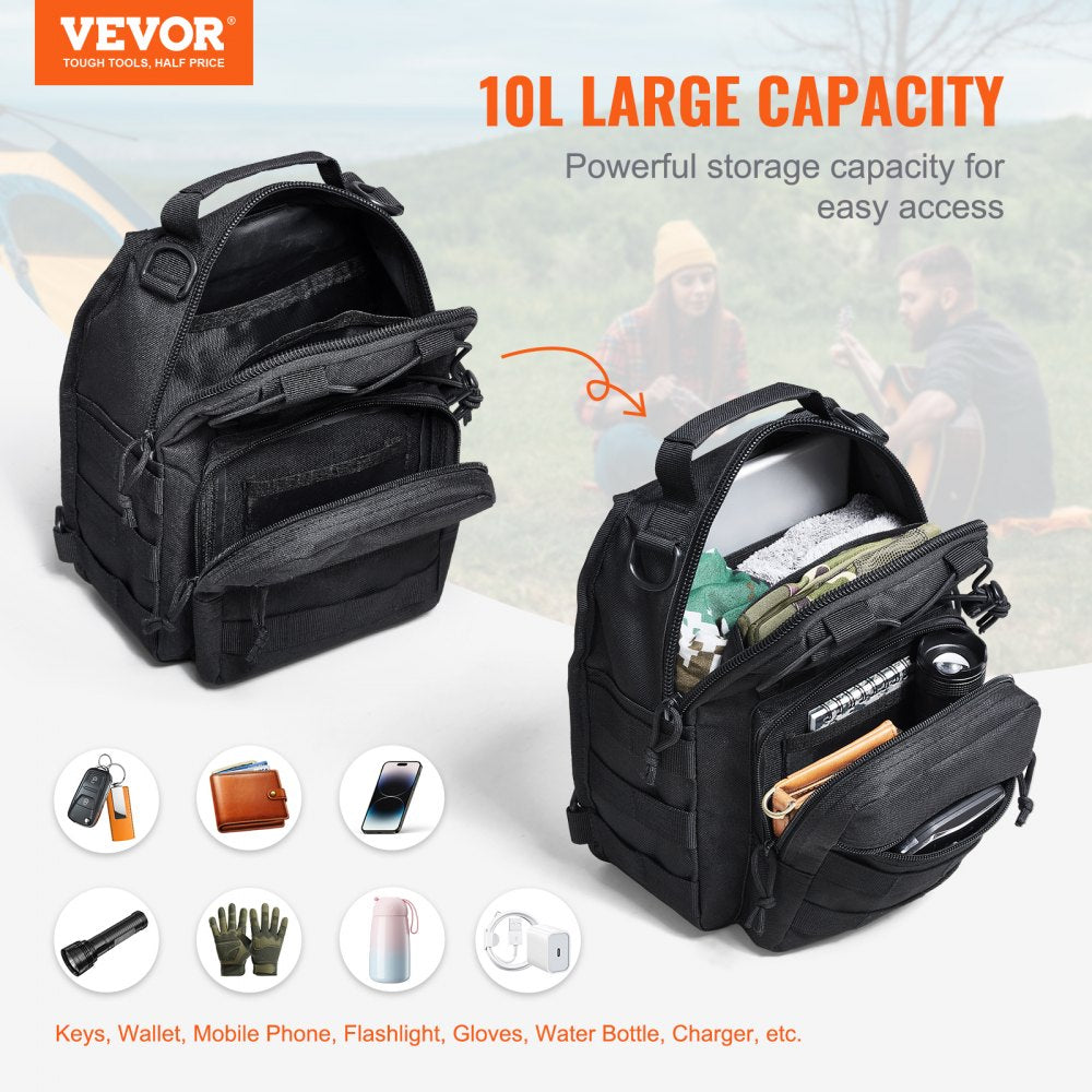 Tactical Sling Bag, 10L Military Rover Shoulder Sling Backpack with Molle Design and Multi-pocket,  600D Tactical Shoulder Bag Ideal for Caping, Hiking and Every Day Carry, Black