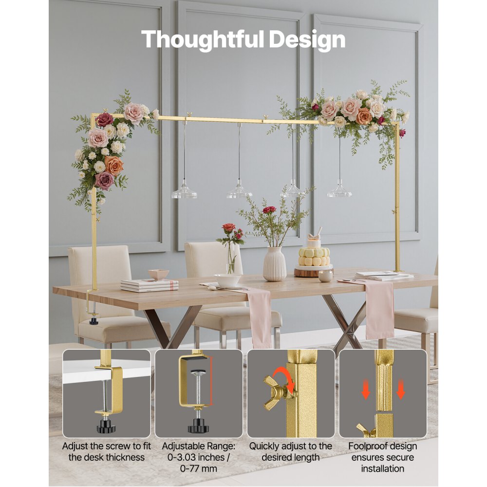 VEVOR Over The Table Rod Stand with Clamps, 13"-42" Tall & 28"-98" Length Adjustable, 2 Packs Table Arch Stand, Tabletop Balloon Arch Frame for Wedding Birthday Party Christmas Decorations, Gold