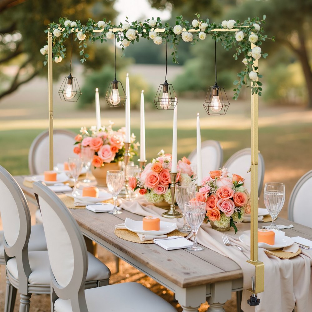 VEVOR Over The Table Rod Stand with Clamps, 13"-42" Tall & 28"-98" Length Adjustable, 2 Packs Table Arch Stand, Tabletop Balloon Arch Frame for Wedding Birthday Party Christmas Decorations, Gold