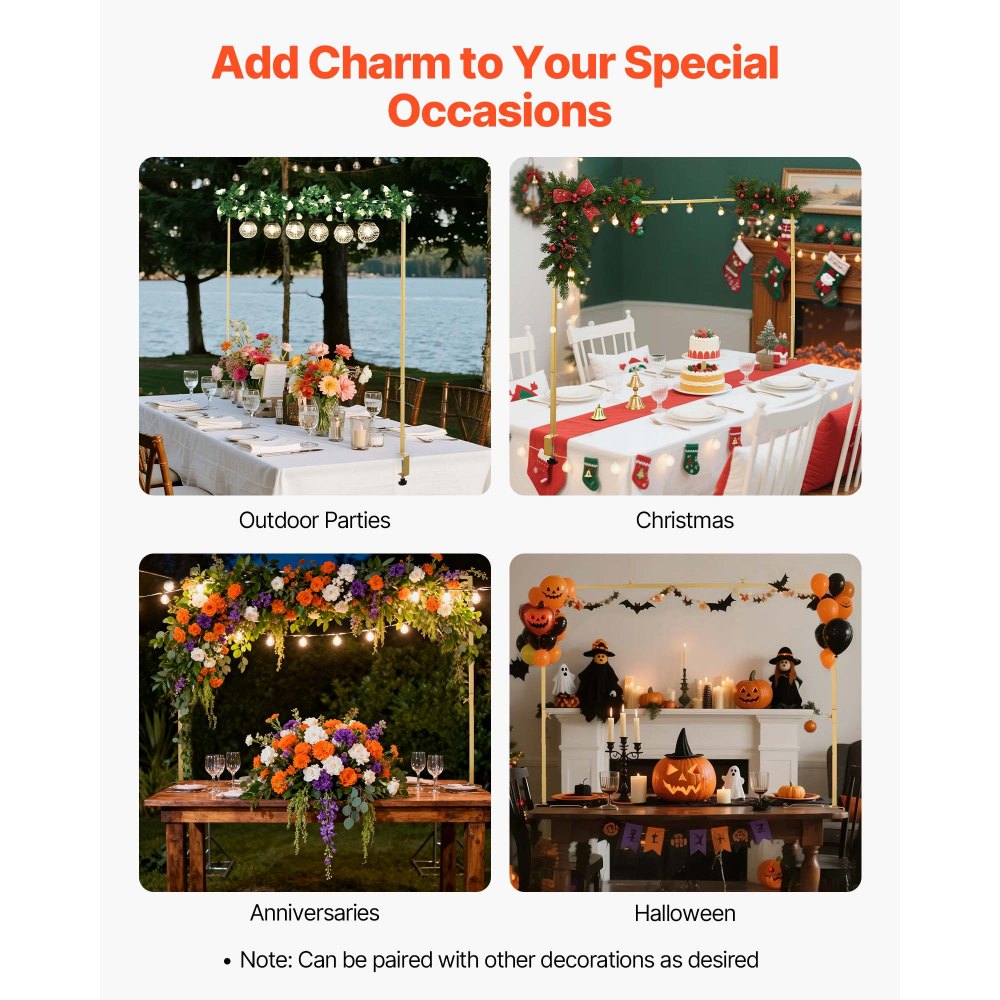 VEVOR Over the Table Rod Stand with Clamps, Adjustable 28"-98" Length & 13"-42" Height, Table Arch Stand with Floral Accessories, Gold Balloon Frame for Wedding Birthday Party Christmas Decoration