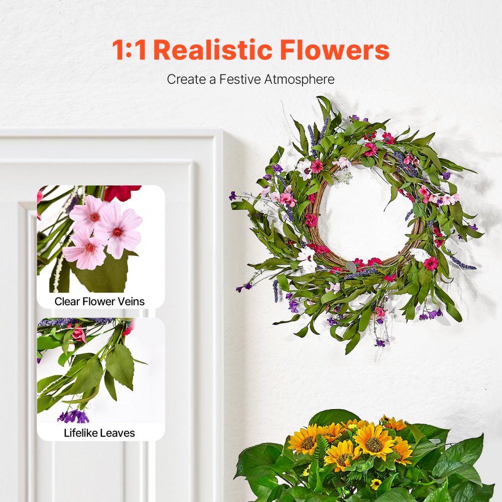 VEVOR Artificial Decorative Wreath, 22 in, Pink Green, Decorated with Daisies, Babysbreath, Buds, Year Round Wreath for All Seasons Indoor and Outdoor Home Wall Window Festival Wedding Decorations