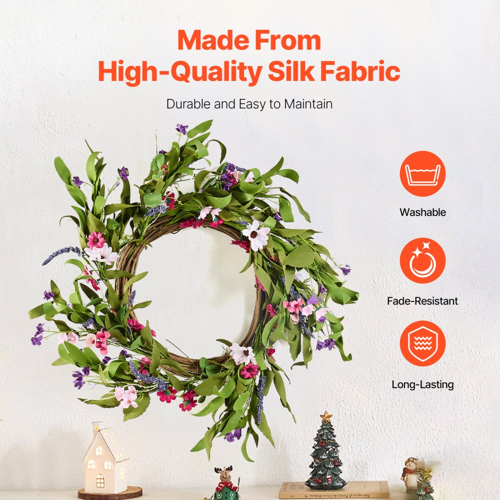 VEVOR Artificial Decorative Wreath, 22 in, Pink Green, Decorated with Daisies, Babysbreath, Buds, Year Round Wreath for All Seasons Indoor and Outdoor Home Wall Window Festival Wedding Decorations