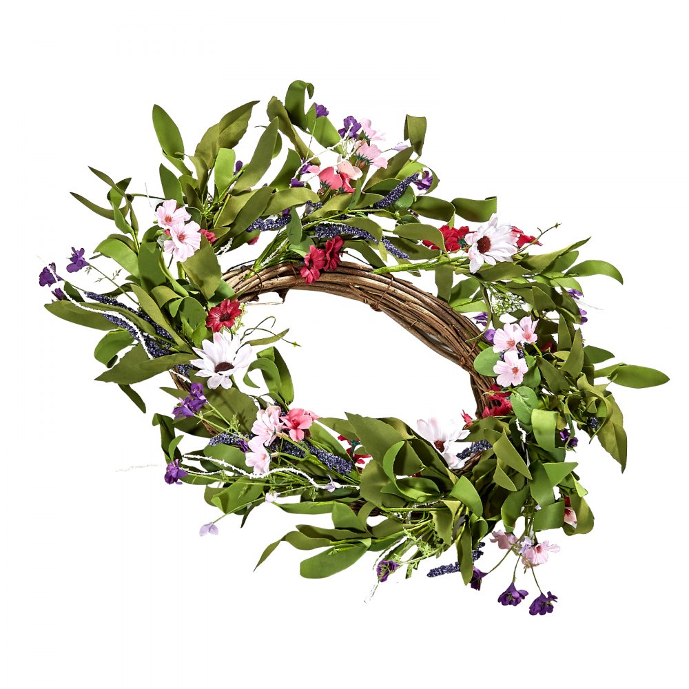 VEVOR Artificial Decorative Wreath, 22 in, Pink Green, Decorated with Daisies, Babysbreath, Buds, Year Round Wreath for All Seasons Indoor and Outdoor Home Wall Window Festival Wedding Decorations