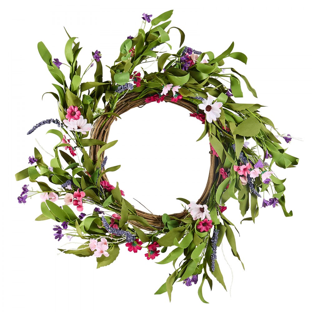 VEVOR Artificial Decorative Wreath, 22 in, Pink Green, Decorated with Daisies, Babysbreath, Buds, Year Round Wreath for All Seasons Indoor and Outdoor Home Wall Window Festival Wedding Decorations