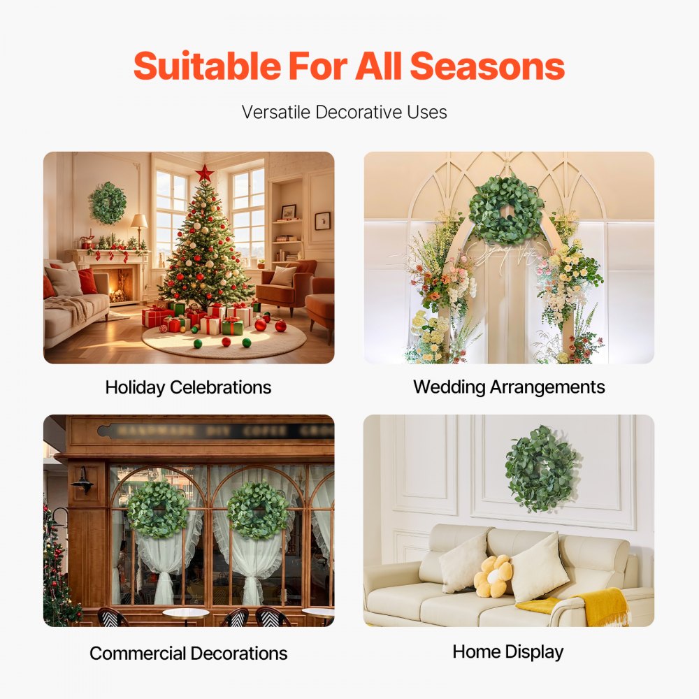 VEVOR Artificial Decorative Wreath, 26 in, Green, Decorated with Eucalyptus Leaves, Berries, Thorny Stems, Year Round Wreath for All Seasons Indoor and Outdoor Home Wall Window Festival Decorations