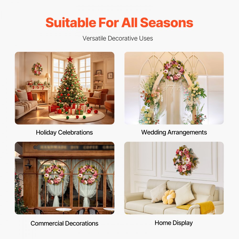 VEVOR Artificial Decorative Wreath, 19 in, Pink, Decorated with Peonies, Hydrangeas, Babysbreath, Year Round Wreath for All Seasons Indoor and Outdoor Home Wall Window Festival Wedding Decorations