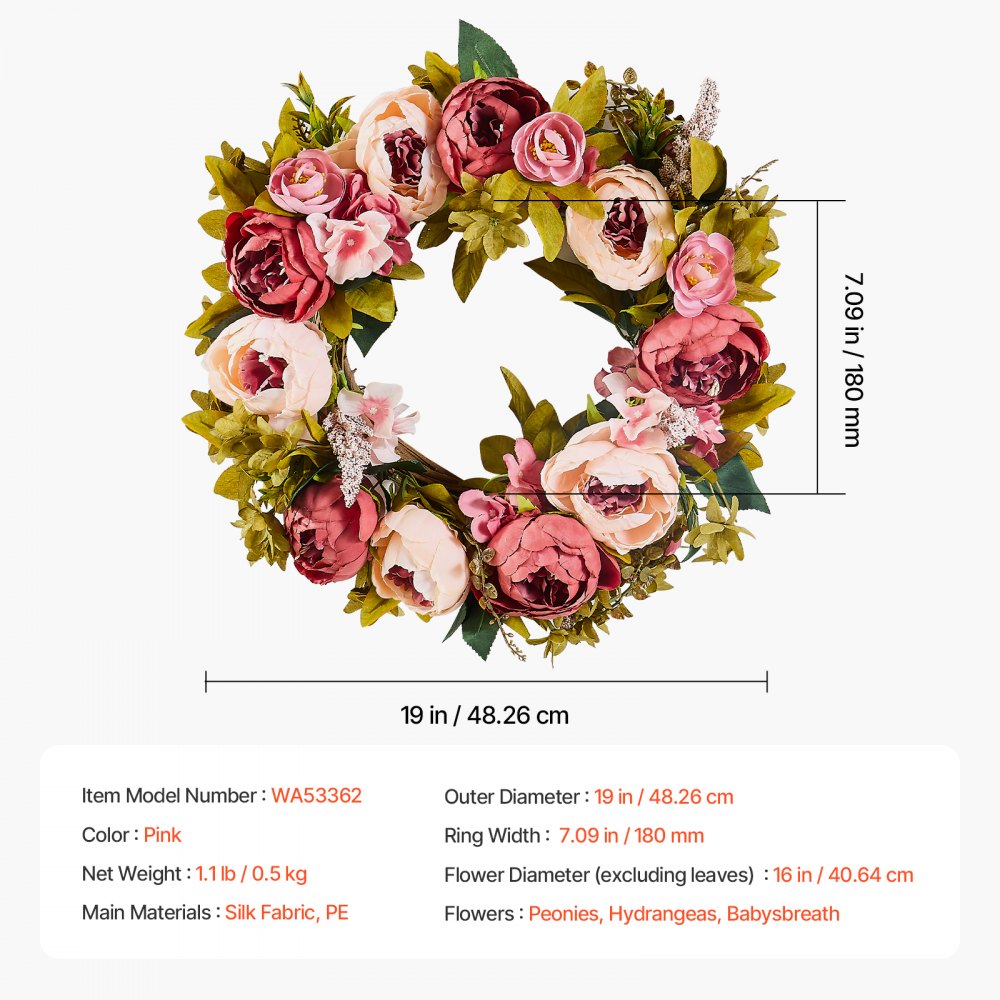VEVOR Artificial Decorative Wreath, 19 in, Pink, Decorated with Peonies, Hydrangeas, Babysbreath, Year Round Wreath for All Seasons Indoor and Outdoor Home Wall Window Festival Wedding Decorations