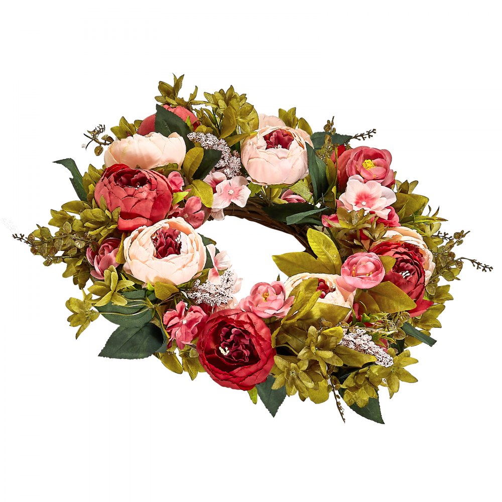 VEVOR Artificial Decorative Wreath, 19 in, Pink, Decorated with Peonies, Hydrangeas, Babysbreath, Year Round Wreath for All Seasons Indoor and Outdoor Home Wall Window Festival Wedding Decorations
