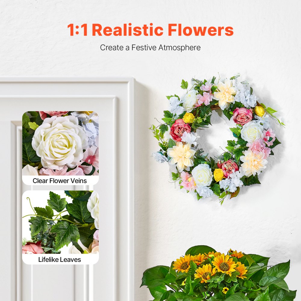 VEVOR Artificial Decorative Wreath, 24 in, White Pink Yellow, Decorated with Peonies, Hydrangeas, Year Round Wreath for All Seasons Indoor and Outdoor Home Wall Window Festival Wedding Decorations