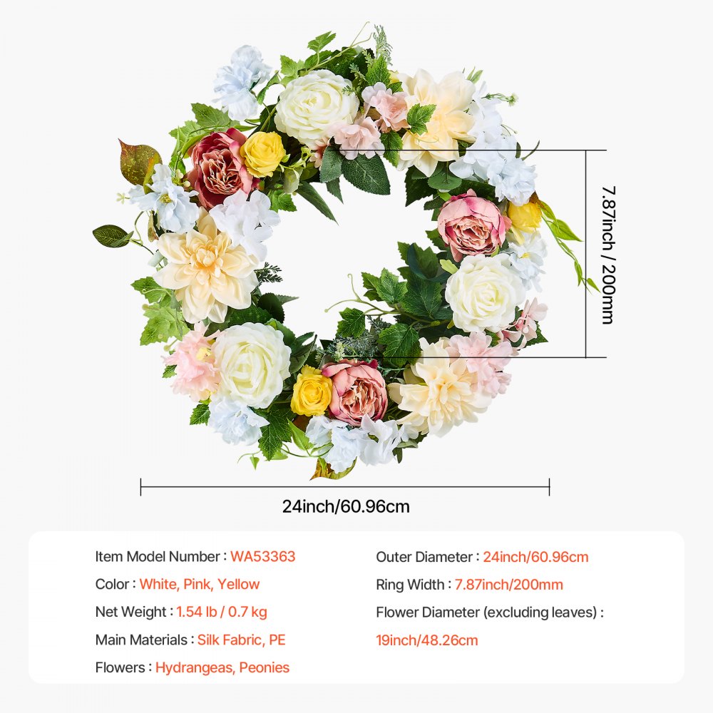 VEVOR Artificial Decorative Wreath, 24 in, White Pink Yellow, Decorated with Peonies, Hydrangeas, Year Round Wreath for All Seasons Indoor and Outdoor Home Wall Window Festival Wedding Decorations