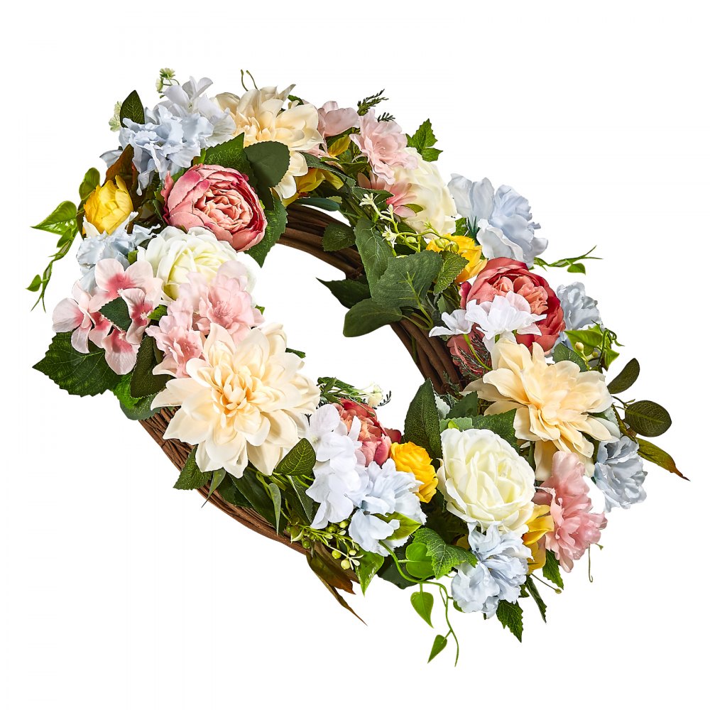 VEVOR Artificial Decorative Wreath, 24 in, White Pink Yellow, Decorated with Peonies, Hydrangeas, Year Round Wreath for All Seasons Indoor and Outdoor Home Wall Window Festival Wedding Decorations