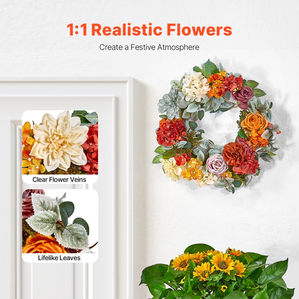 VEVOR Artificial Decorative Wreath, 24 in, Red Orange Yellow, Decorated with Hydrangeas, Roses, Wooden Sign, Year Round Wreath for All Seasons Indoor and Outdoor Home Wall Window Festival Decorations