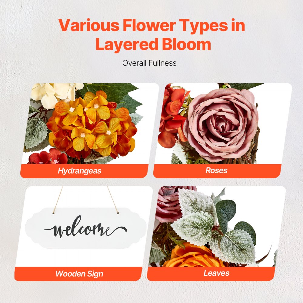 VEVOR Artificial Decorative Wreath, 24 in, Red Orange Yellow, Decorated with Hydrangeas, Roses, Wooden Sign, Year Round Wreath for All Seasons Indoor and Outdoor Home Wall Window Festival Decorations
