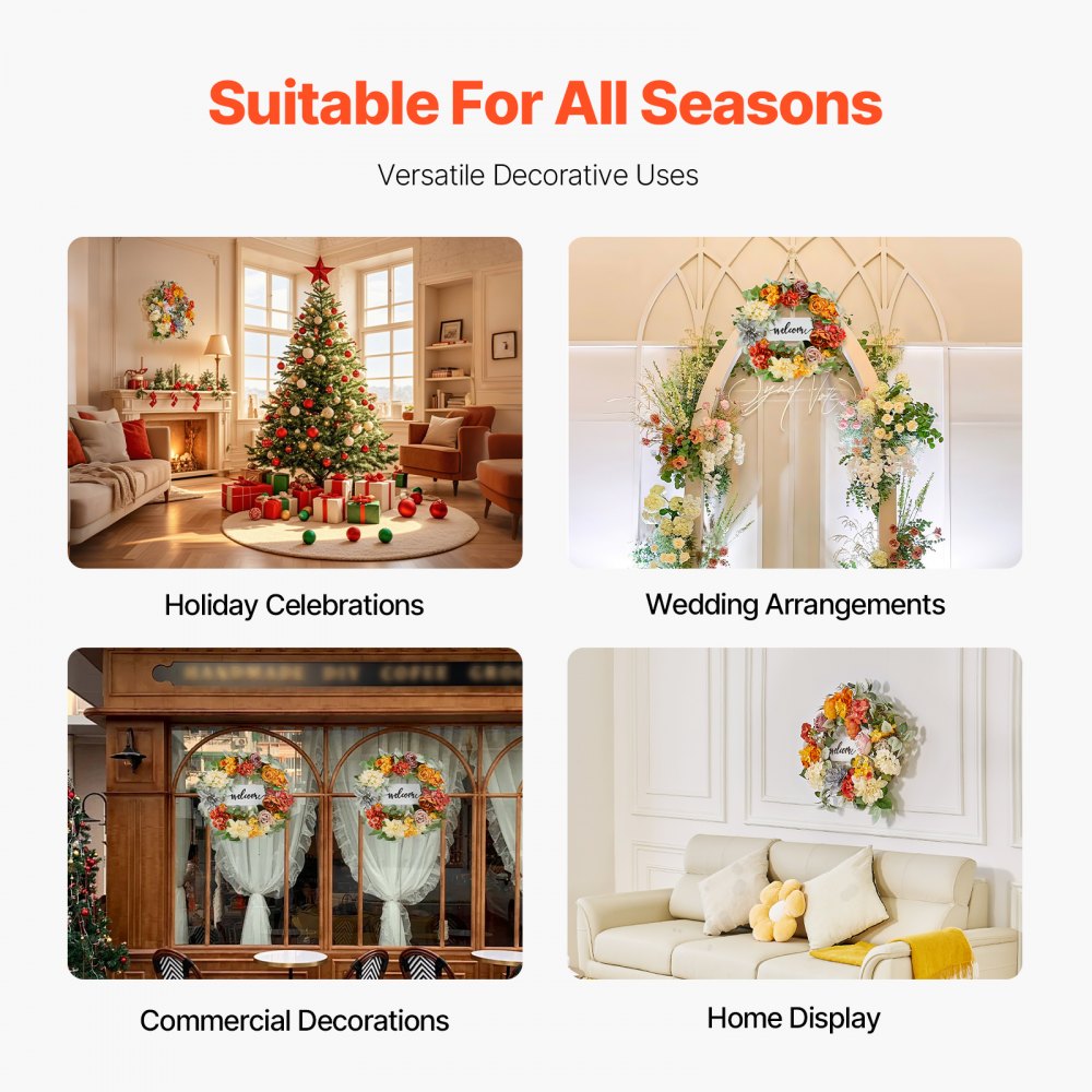 VEVOR Artificial Decorative Wreath, 24 in, Red Orange Yellow, Decorated with Hydrangeas, Roses, Wooden Sign, Year Round Wreath for All Seasons Indoor and Outdoor Home Wall Window Festival Decorations