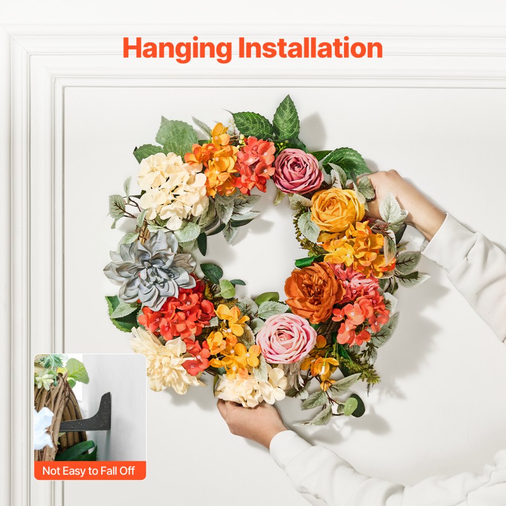VEVOR Artificial Decorative Wreath, 24 in, Red Orange Yellow, Decorated with Hydrangeas, Roses, Wooden Sign, Year Round Wreath for All Seasons Indoor and Outdoor Home Wall Window Festival Decorations