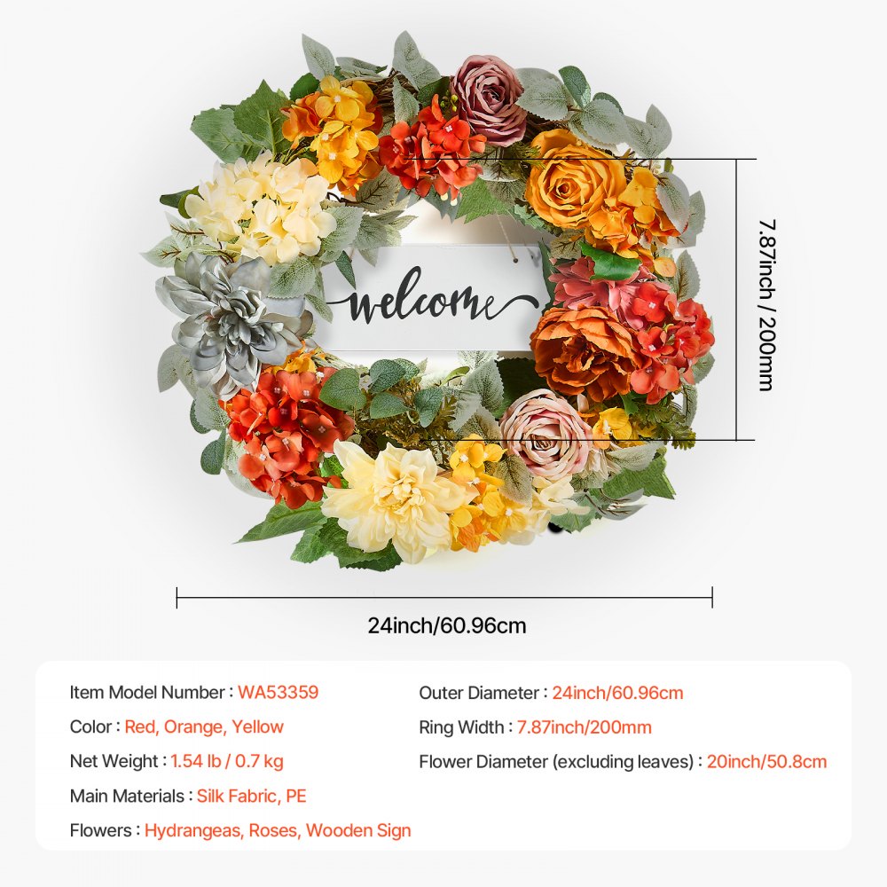 VEVOR Artificial Decorative Wreath, 24 in, Red Orange Yellow, Decorated with Hydrangeas, Roses, Wooden Sign, Year Round Wreath for All Seasons Indoor and Outdoor Home Wall Window Festival Decorations