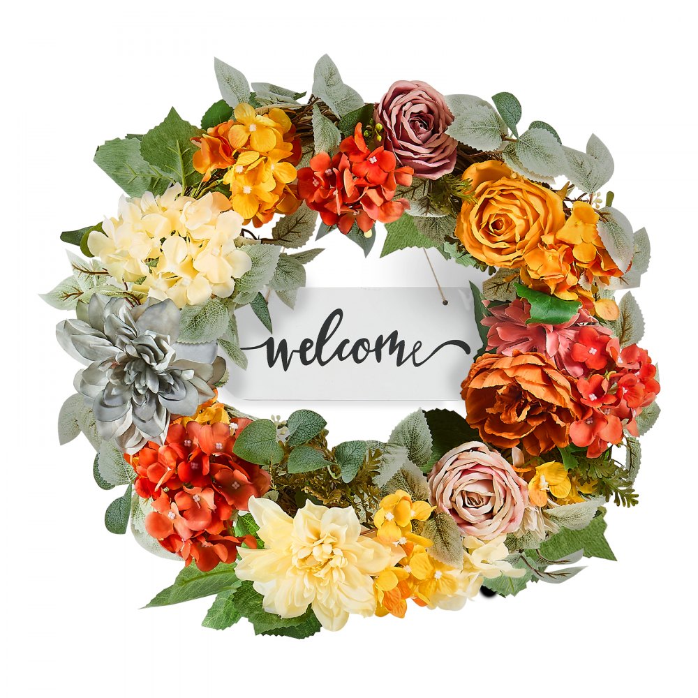 VEVOR Artificial Decorative Wreath, 24 in, Red Orange Yellow, Decorated with Hydrangeas, Roses, Wooden Sign, Year Round Wreath for All Seasons Indoor and Outdoor Home Wall Window Festival Decorations