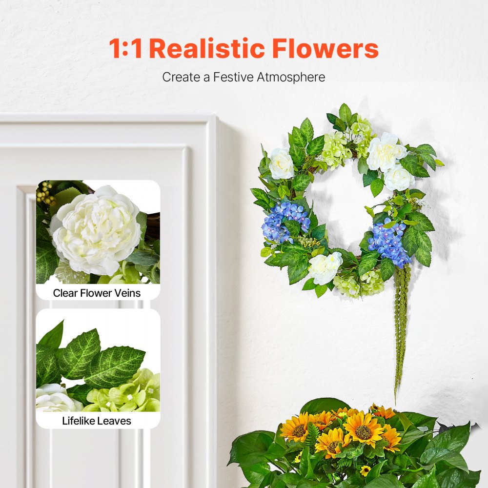 VEVOR Artificial Decorative Wreath, 23 in, Blue White Green, Decorated with Hydrangeas, Roses, Berries, Vines, Year Round Wreath for All Seasons Indoor and Outdoor Home Wall Window Festival Decor