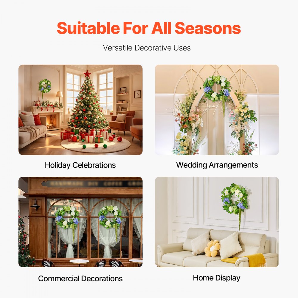 VEVOR Artificial Decorative Wreath, 23 in, Blue White Green, Decorated with Hydrangeas, Roses, Berries, Vines, Year Round Wreath for All Seasons Indoor and Outdoor Home Wall Window Festival Decor