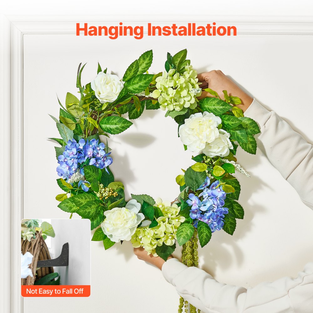 VEVOR Artificial Decorative Wreath, 23 in, Blue White Green, Decorated with Hydrangeas, Roses, Berries, Vines, Year Round Wreath for All Seasons Indoor and Outdoor Home Wall Window Festival Decor